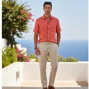 Club Room Luxury Linen Shirt L‎ Men Red Short Sleeve Button Front Summer Casual